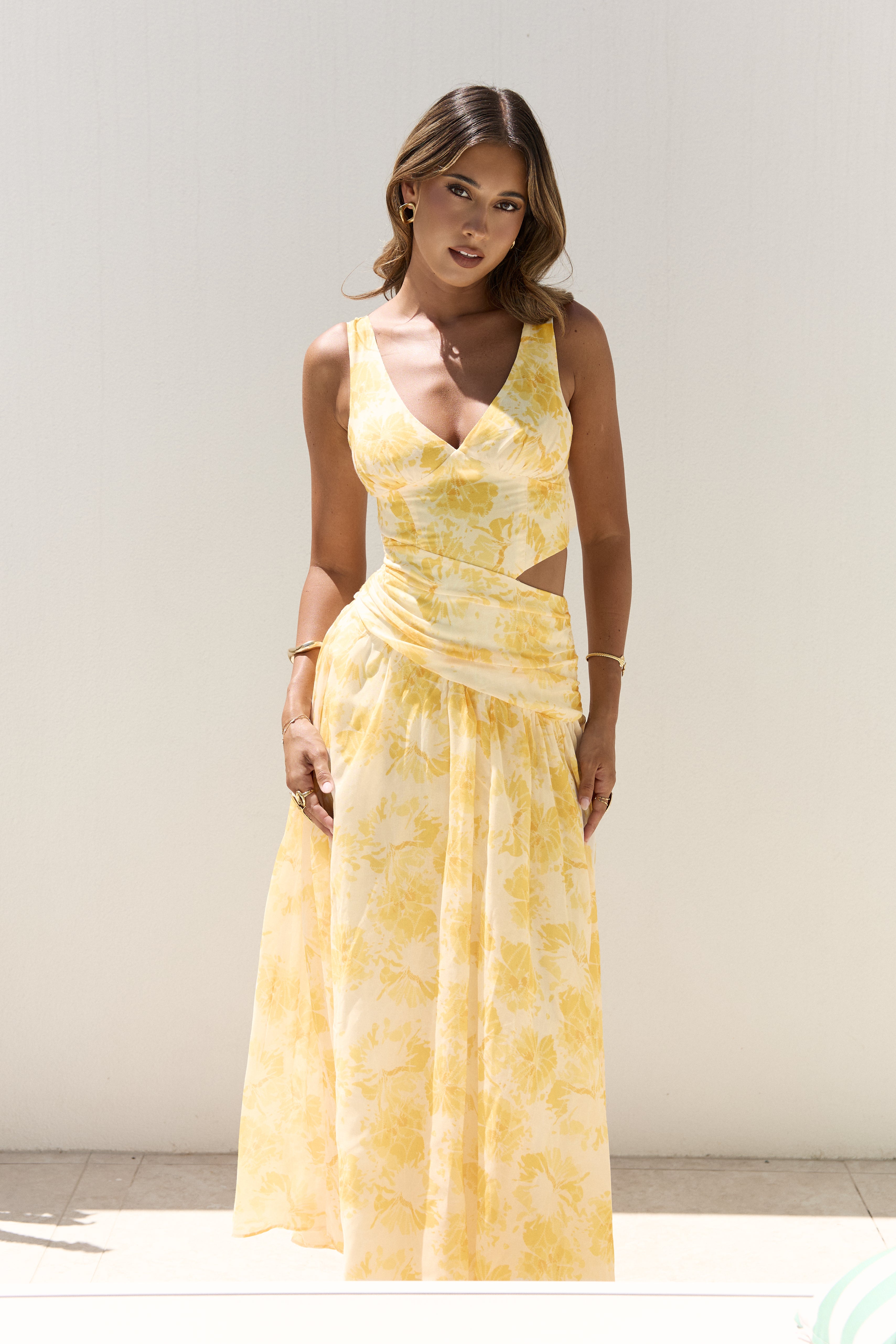 Penny Dress — yellow floral V-neck maxi dress front view — Little JC Boutique