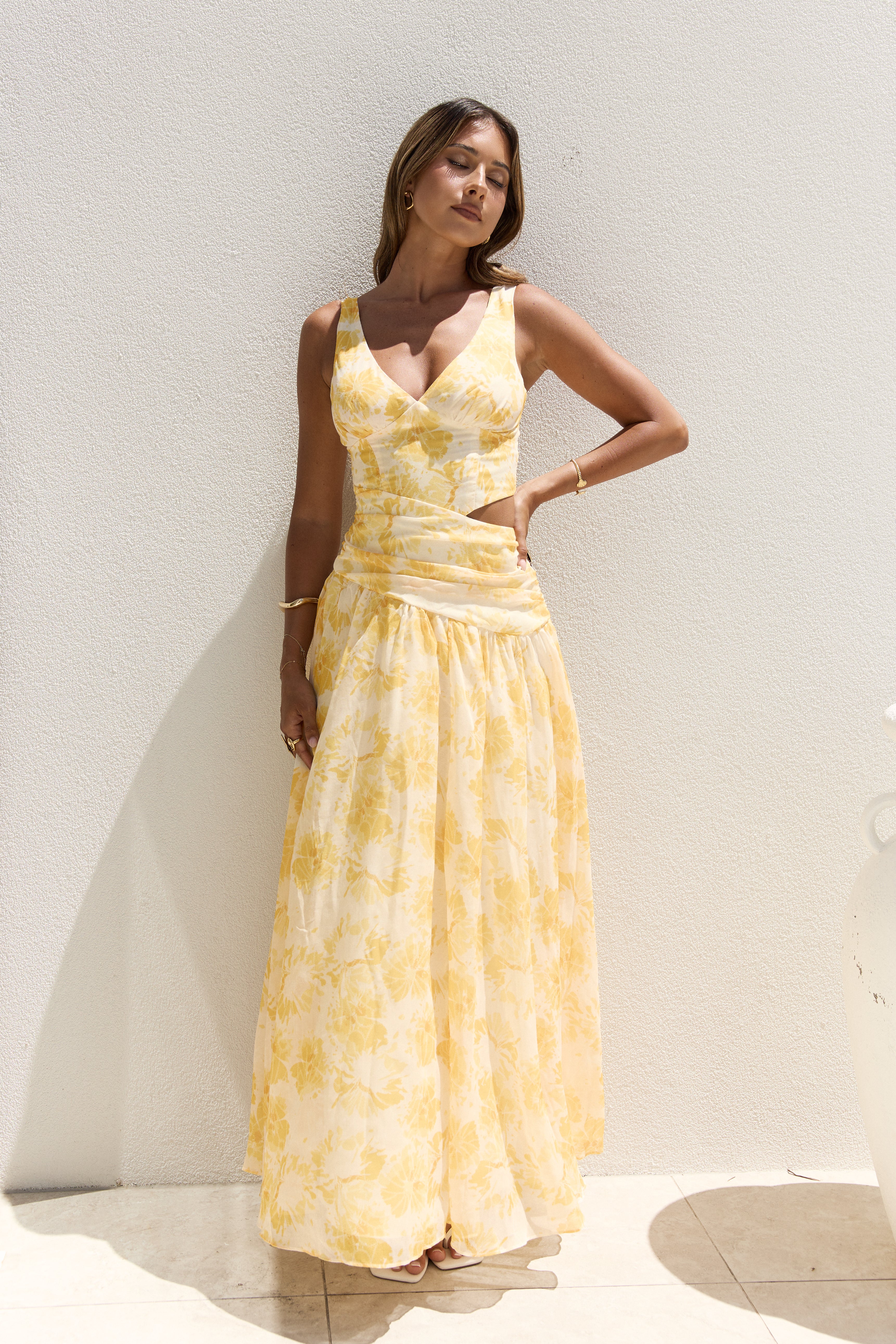 Penny Dress — yellow floral maxi dress back view with cut out detail — Little JC Boutique