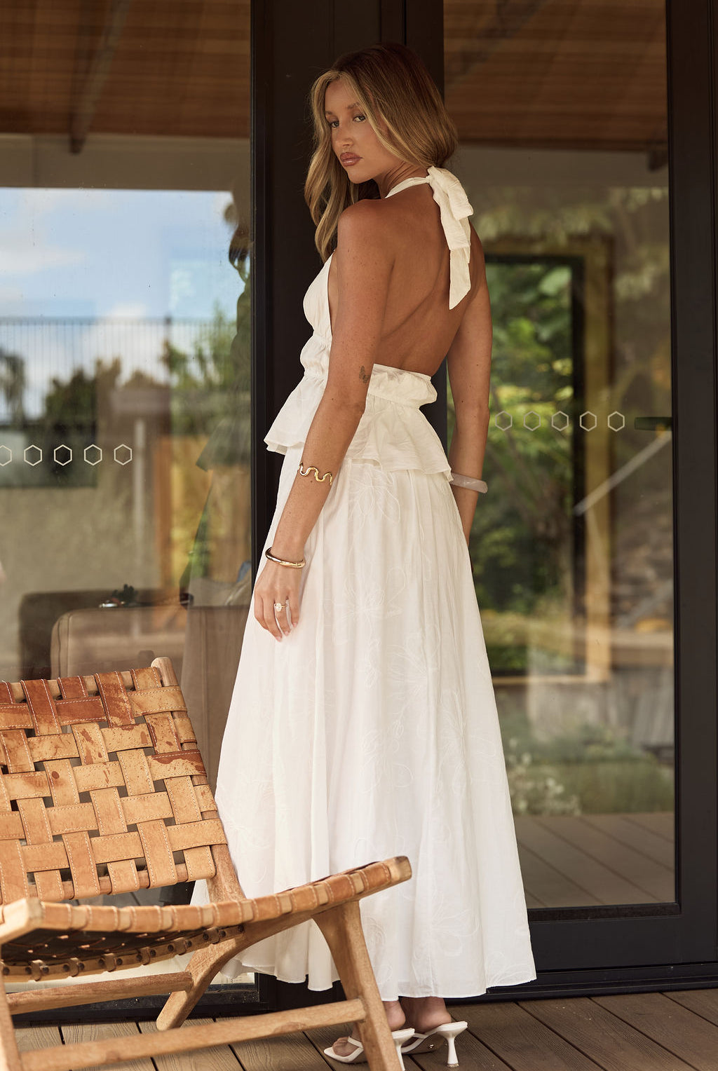 Elle Set — white embroidered co-ord set open back halter tie detail — Little JC Boutique