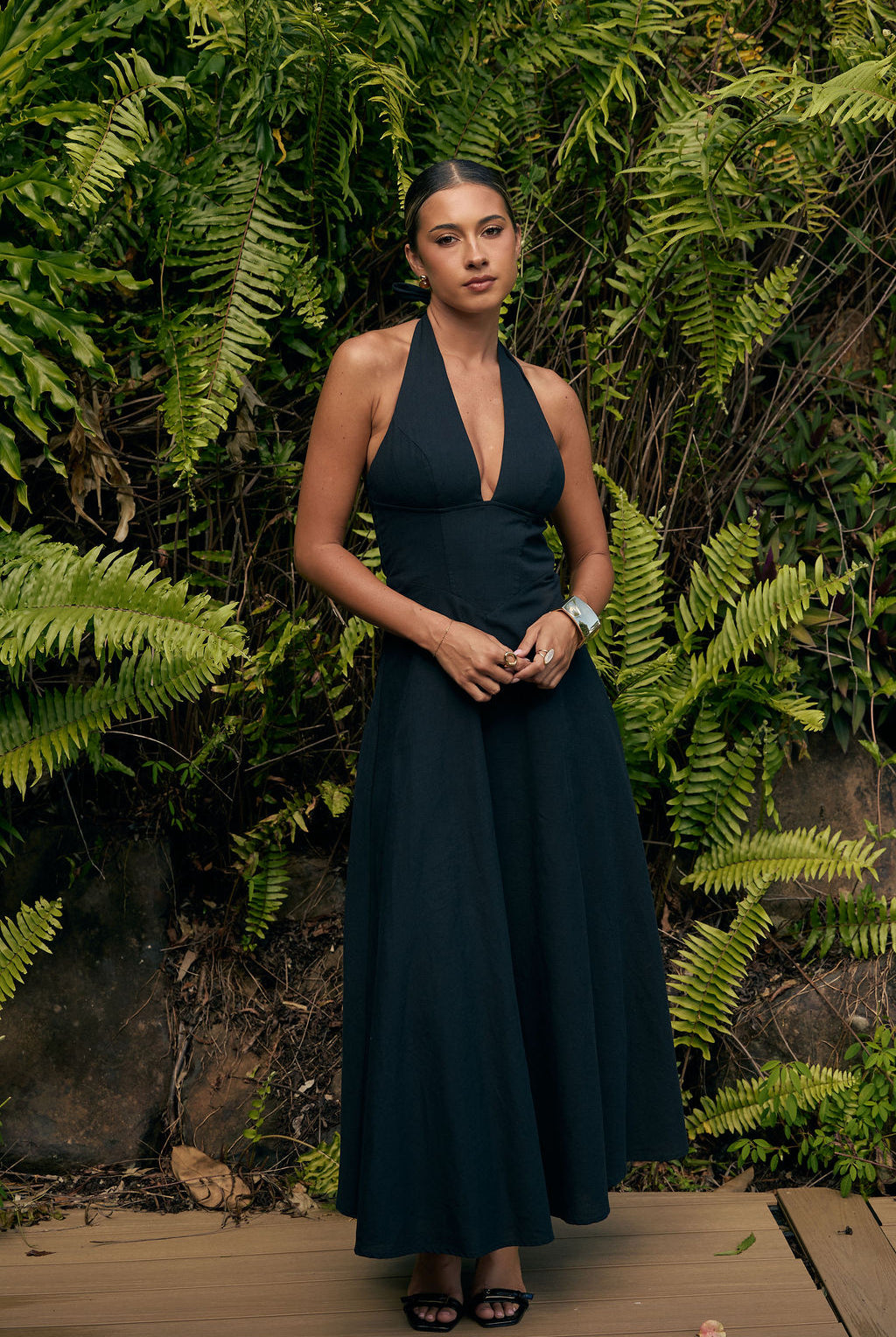 Bella Maxi Dress black — black halter maxi dress with pockets full length front view — Little JC Boutique