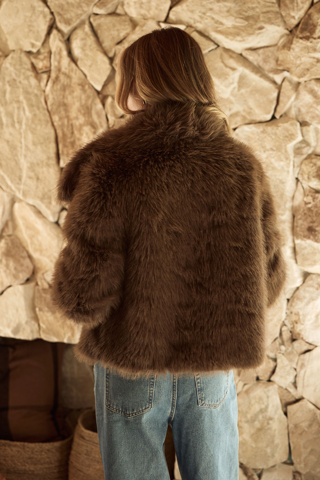 April Fur Jacket — chocolate brown faux fur jacket back view — Little JC Boutique