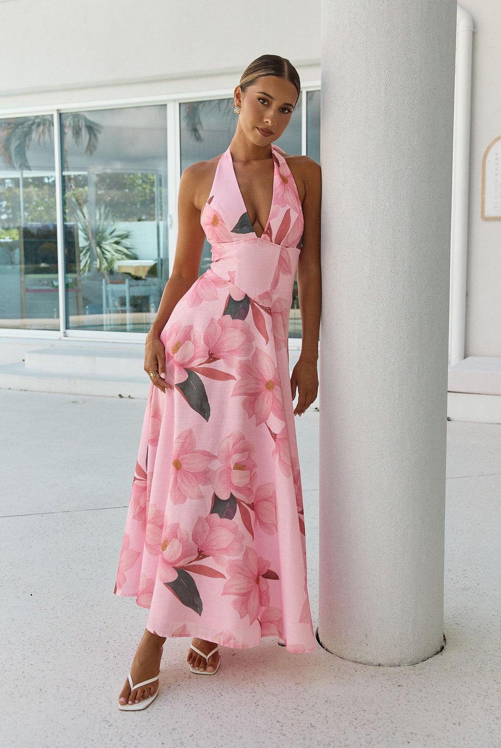 Bella Dress light pink floral — halter maxi dress with oversized magnolia print front view — Little JC Boutique