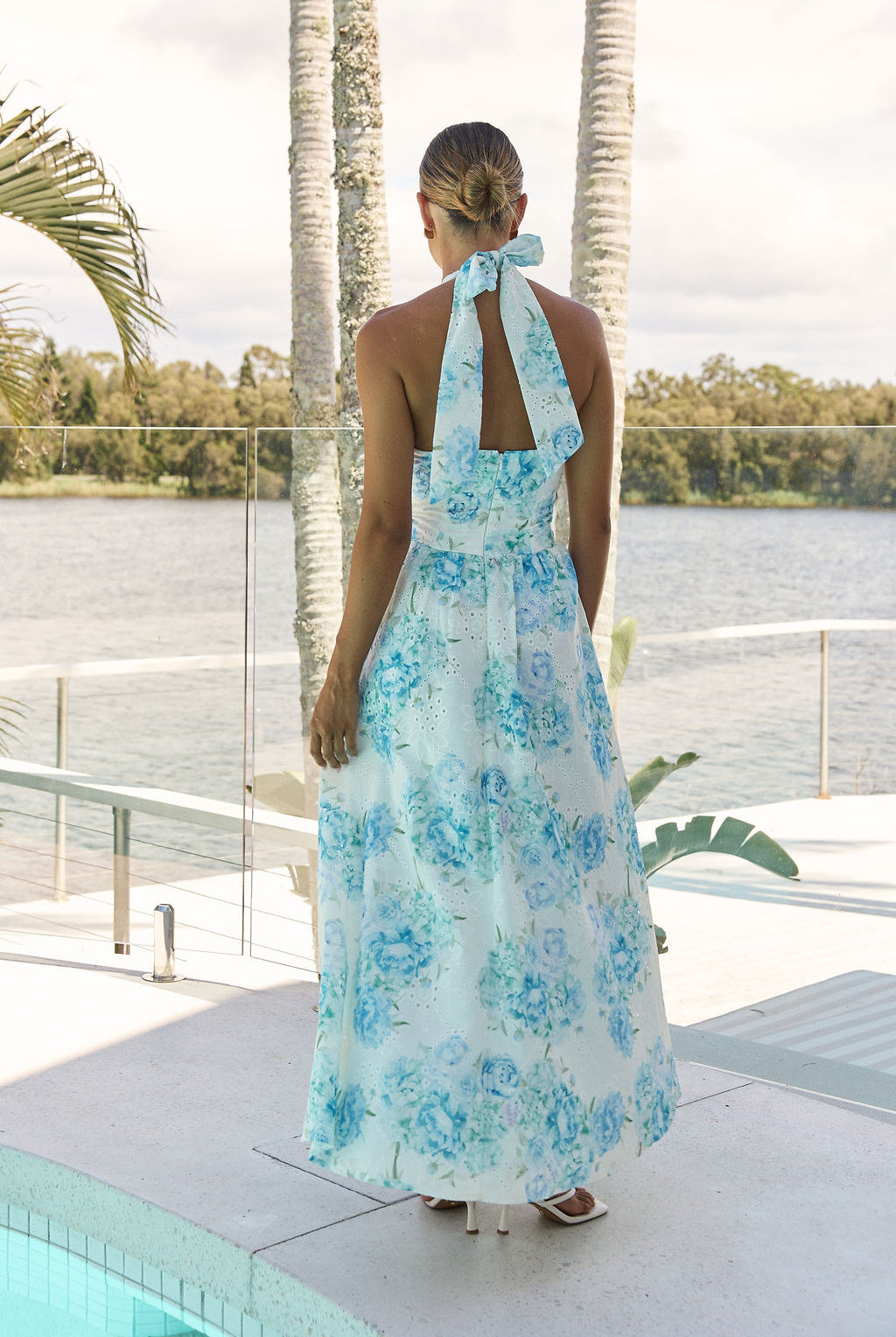 Abbey Dress blue — blue floral halter maxi dress open back detail — Little JC Boutique