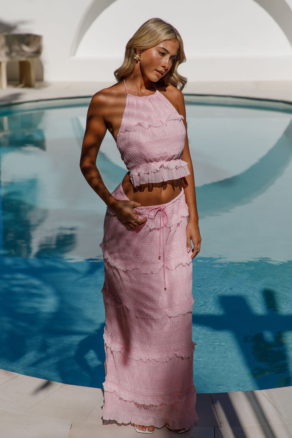 Pluto Set — pink ruffle co-ord matching crop halter top and maxi skirt poolside — Little JC Boutique