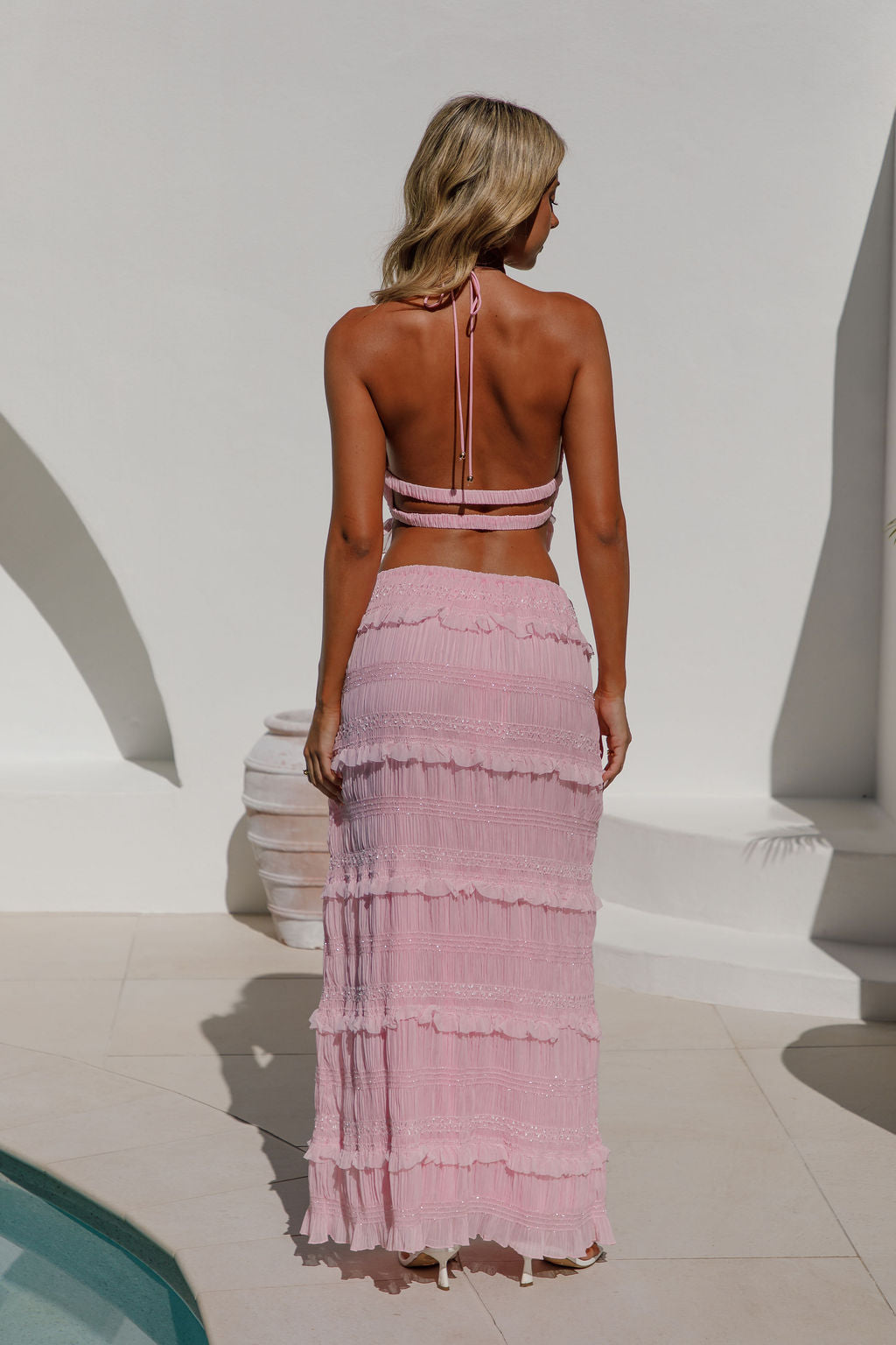 Pluto Set — pink ruffle co-ord matching crop halter top and maxi skirt poolside — Little JC Boutique