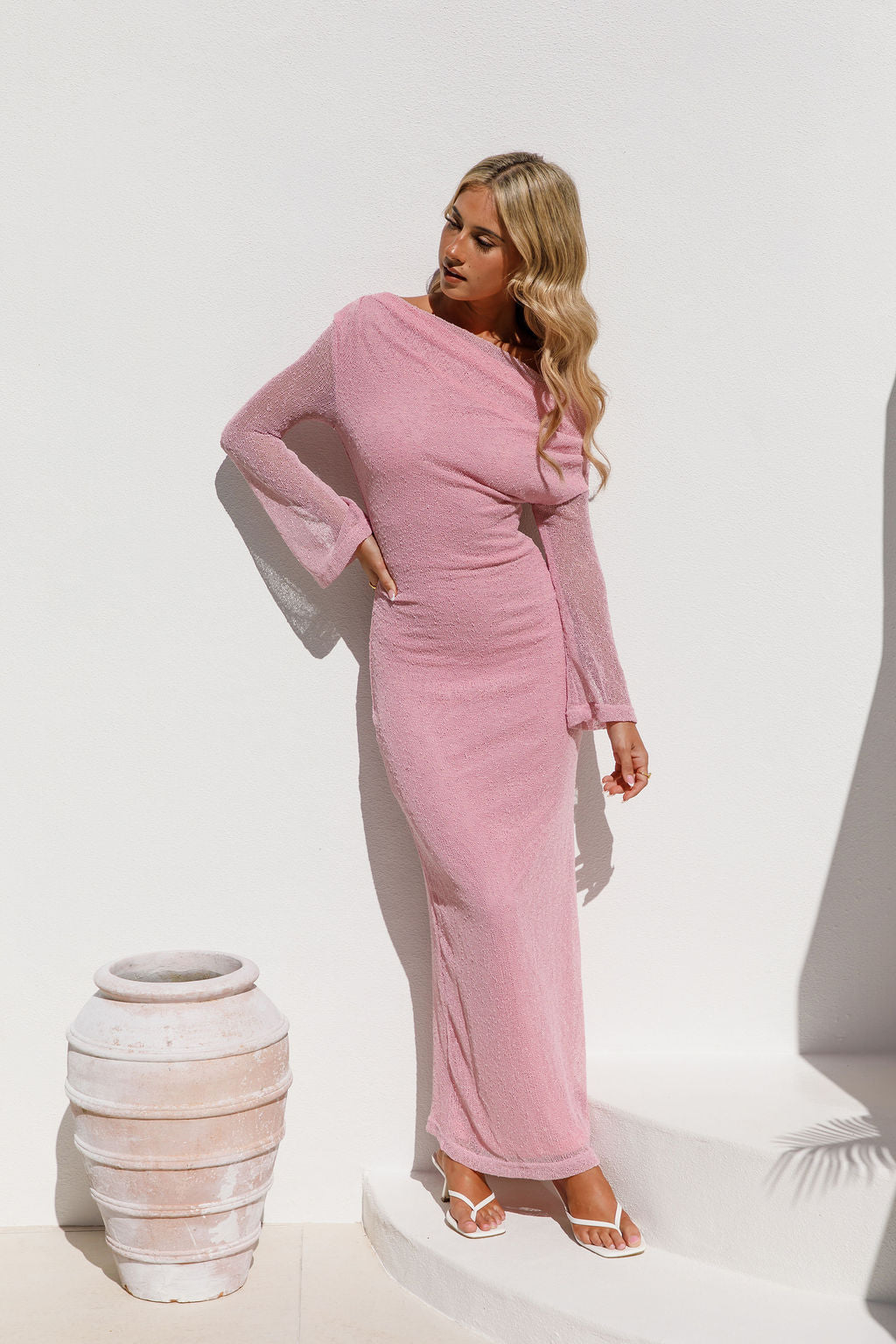 Selena Dress — pink shimmer off-shoulder long sleeve maxi dress front view — Little JC Boutique