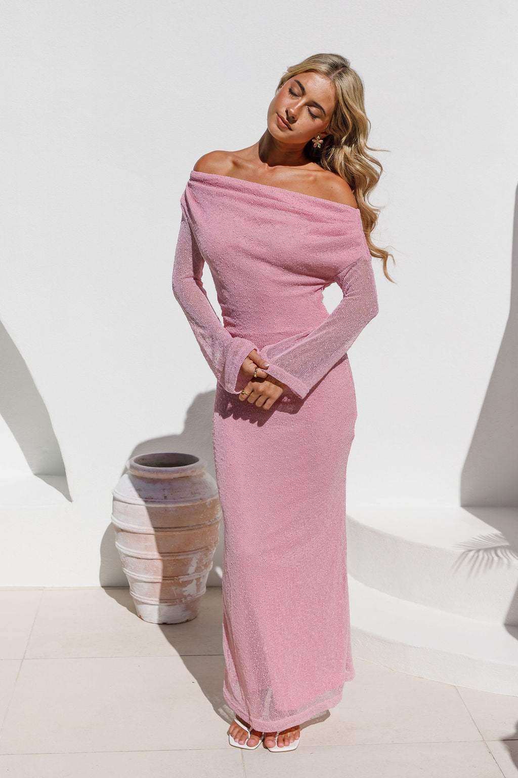 Selena Dress — pink shimmer off-shoulder long sleeve maxi dress front view — Little JC Boutique