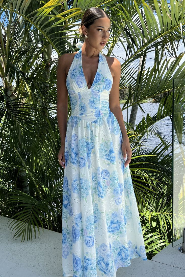 Abbey Dress blue — blue hydrangea print halter maxi dress full length — Little JC Boutique