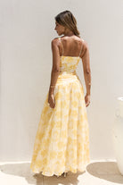 Penny Dress — yellow floral maxi dress back view with strappy detail — Little JC Boutique