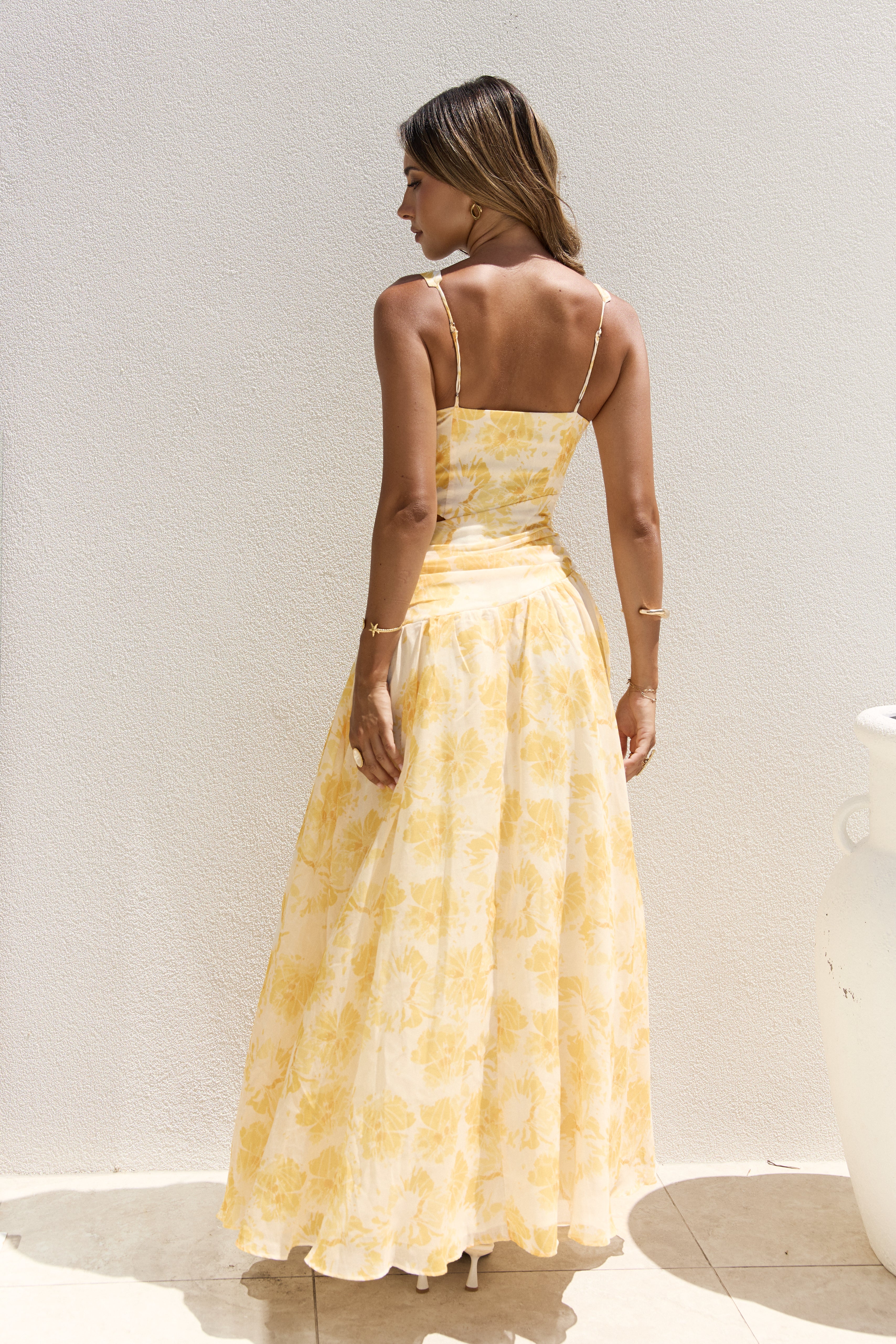 Penny Dress — yellow floral maxi dress back view with strappy detail — Little JC Boutique