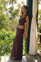 Nelly Mesh Set — chocolate brown ruched crop top and maxi skirt side view — Little JC Boutique