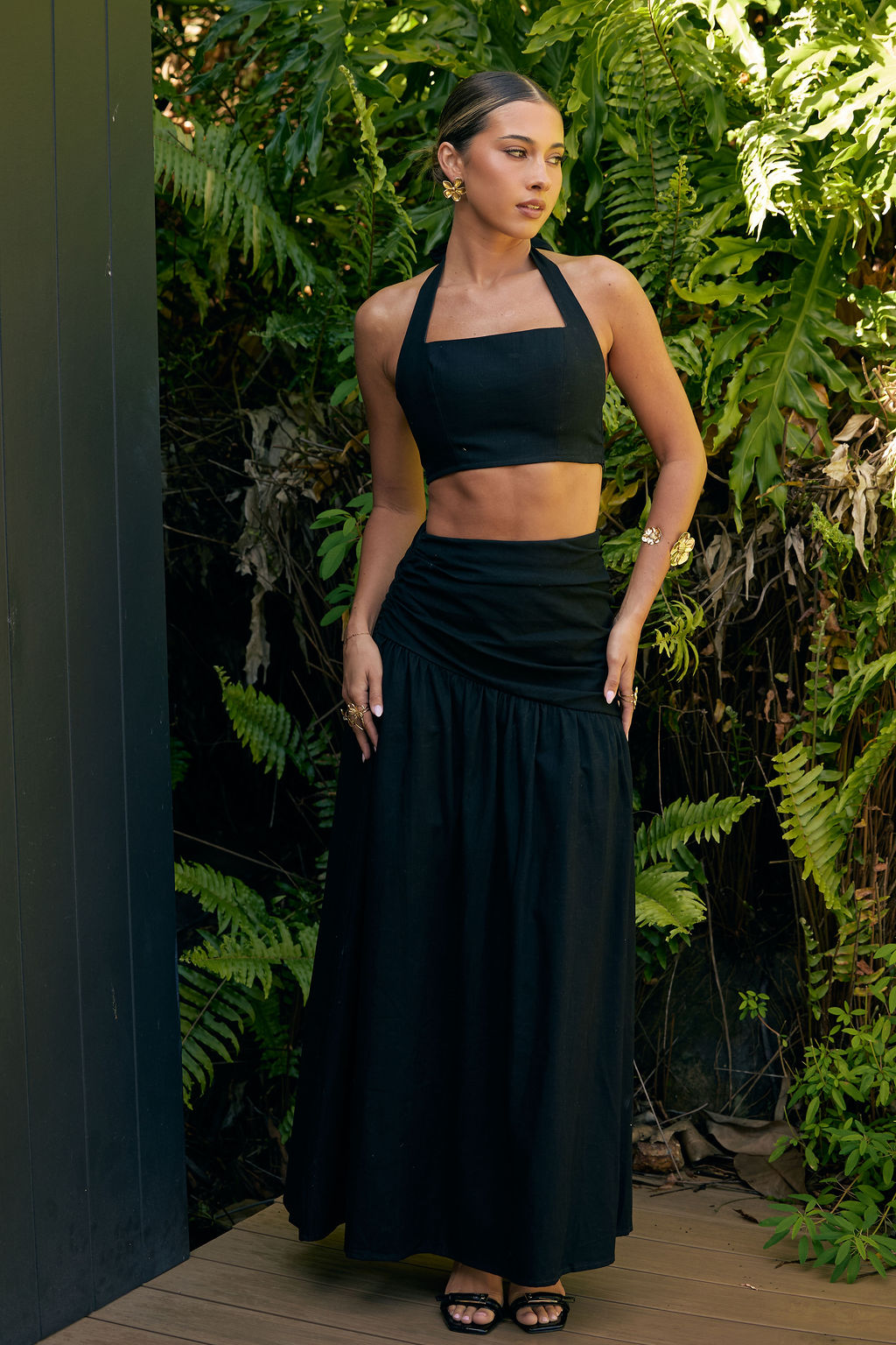 Nora Set black — black linen halter crop top and maxi skirt co-ord front view — Little JC Boutique