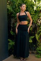 Nora Set black — black linen halter crop top and maxi skirt co-ord front view — Little JC Boutique