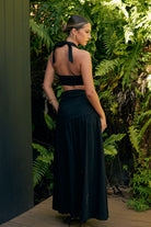 Nora Set black — black linen co-ord set open back halter tie detail — Little JC Boutique