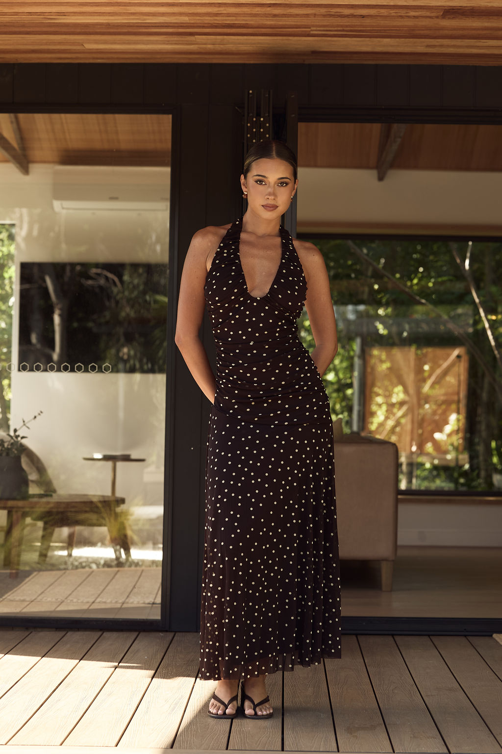 Coco Muse Mesh Dress — brown polka dot mesh halter maxi dress full length — Little JC Boutique