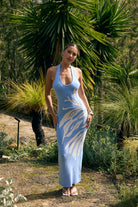 Julia Knit Dress — baby blue halter knit maxi dress with white floral print front view — Little JC Boutique