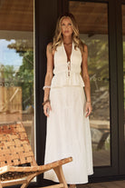 Elle Set — white embroidered halter crop top and maxi skirt co-ord front view — Little JC Boutique