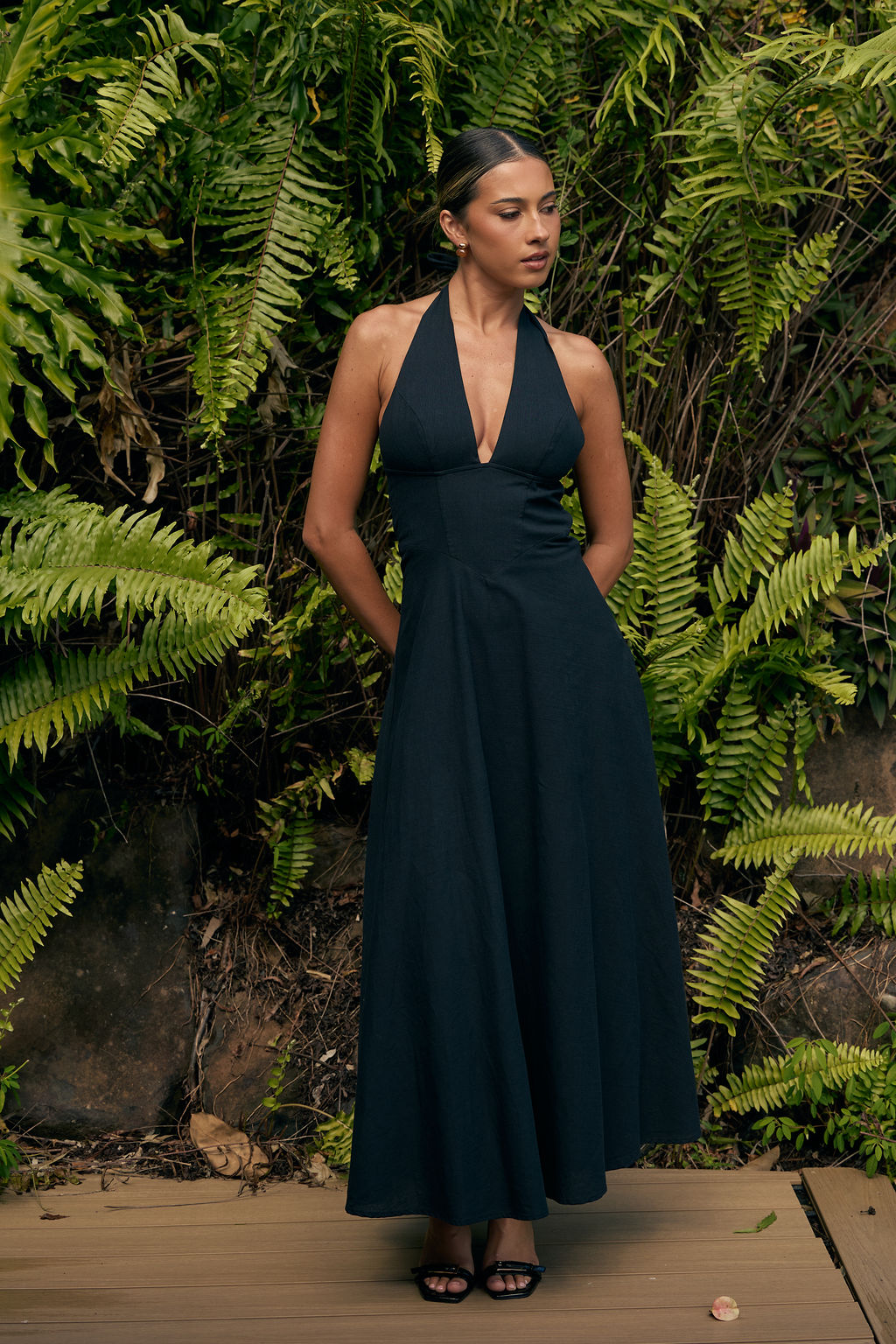Bella Maxi Dress black — black deep V halter maxi dress front view — Little JC Boutique