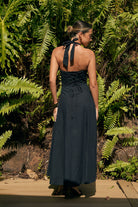 Bella Maxi Dress black — black halter maxi dress lace-up corset back detail — Little JC Boutique
