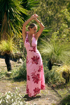 Pink floral halter maxi dress with deep V neckline and burgundy bloom print — Little JC Boutique