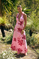 Pink floral halter maxi dress with deep V neckline and burgundy bloom print — Little JC Boutique