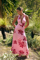 Pink floral halter maxi dress with deep V neckline and burgundy bloom print — Little JC Boutique
