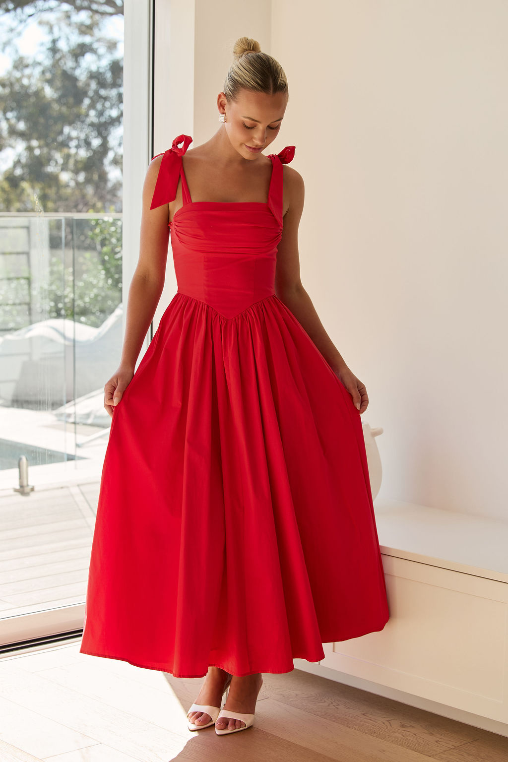 soleil maxi dress red tie shoulder bow strap maxi dress women's boutique Australia