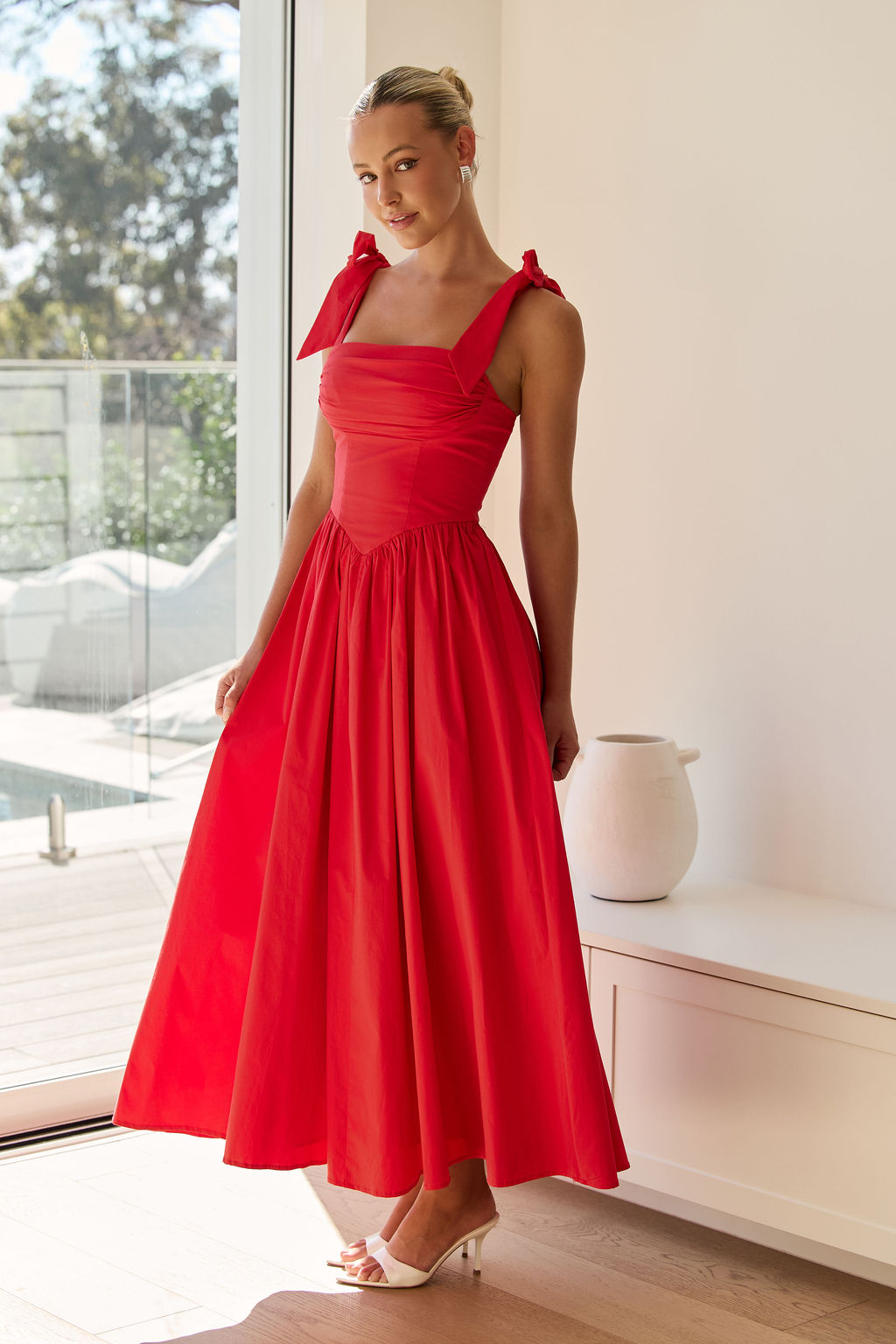 soleil red maxi dress ruched bodice full skirt little jc boutique