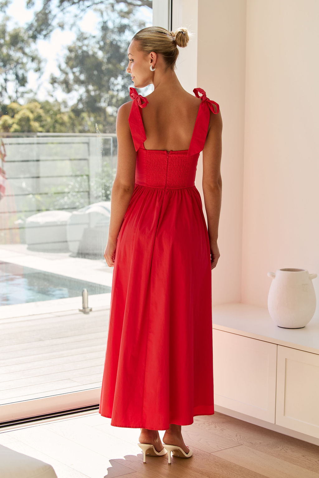 soleil red maxi dress shirred back tie shoulder bows back view
