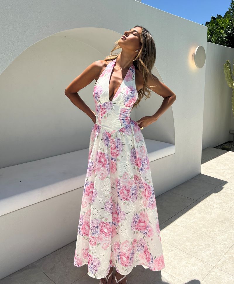  White floral eyelet halter maxi dress with deep V neckline and pink floral print — Little JC Boutique