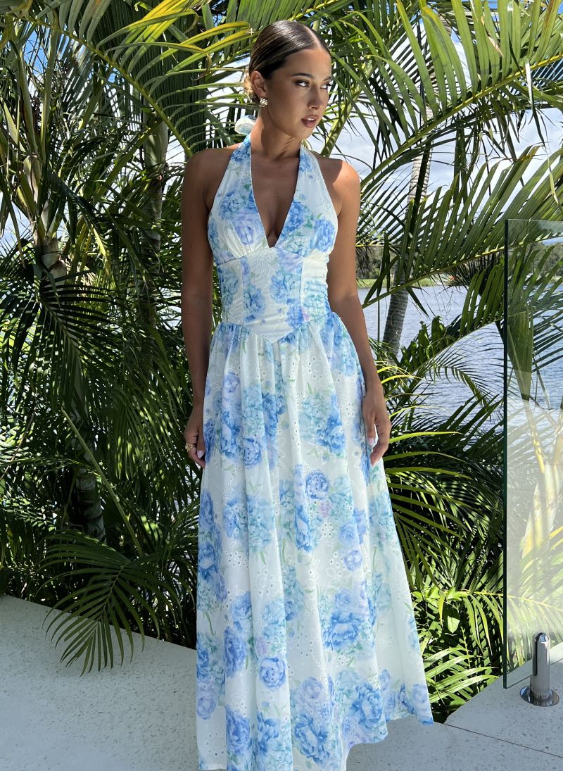 Abbey Dress blue — blue hydrangea print halter maxi dress full length — Little JC Boutique